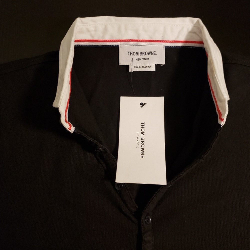 Thom Browne Pique Polo, Short Sleeve, White Collar